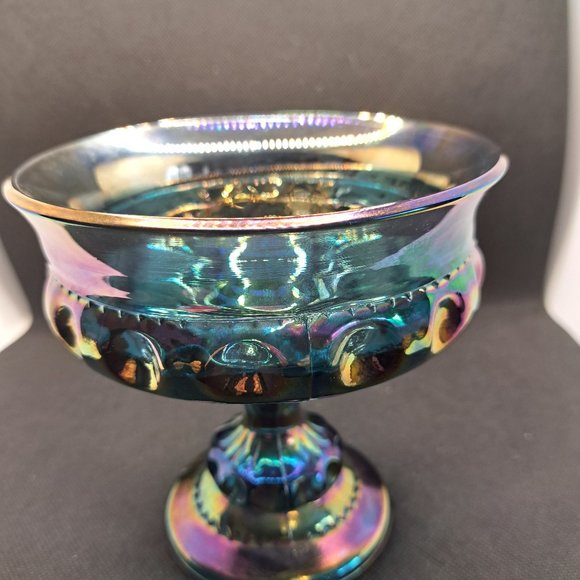 Vintage Carnival Glass Kings Crown Thumbprint Blue Iridescent Indiana Compote - Picture 4 of 11